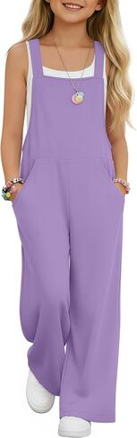 Girls Overall Jumpsuit Straight Leg Sleeveless Knit Pants for 5-14 Years Kids Casual Basic Rompers with Pockets in Saudi Arabia
