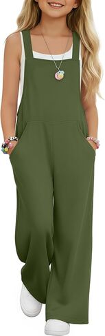 Girls Overall Jumpsuit Straight Leg Sleeveless Knit Pants for 5-14 Years Kids Casual Basic Rompers with Pockets in Saudi Arabia