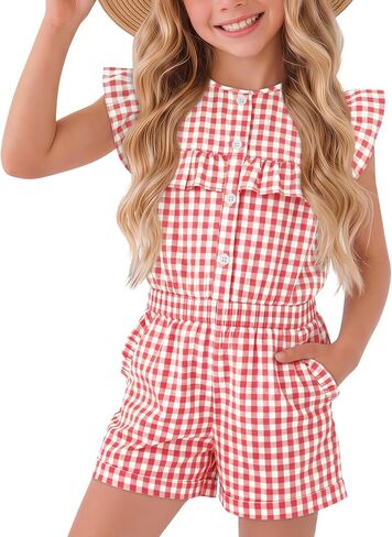Xaatren Girls Gingham Rompers Summer Ruffle Short Jumpsuits Button Sleeveless Plaid Outfits Playsuits with Pockets 5-14 Years in Kuwait