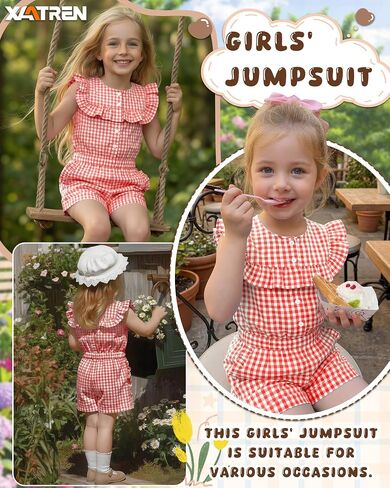 Xaatren Girls Gingham Rompers Summer Ruffle Short Jumpsuits Button Sleeveless Plaid Outfits Playsuits with Pockets 5-14 Years in Kuwait