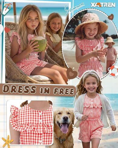Xaatren Girls Gingham Rompers Summer Ruffle Short Jumpsuits Button Sleeveless Plaid Outfits Playsuits with Pockets 5-14 Years in Kuwait