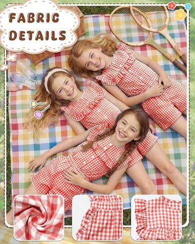 Xaatren Girls Gingham Rompers Summer Ruffle Short Jumpsuits Button Sleeveless Plaid Outfits Playsuits with Pockets 5-14 Years in Kuwait