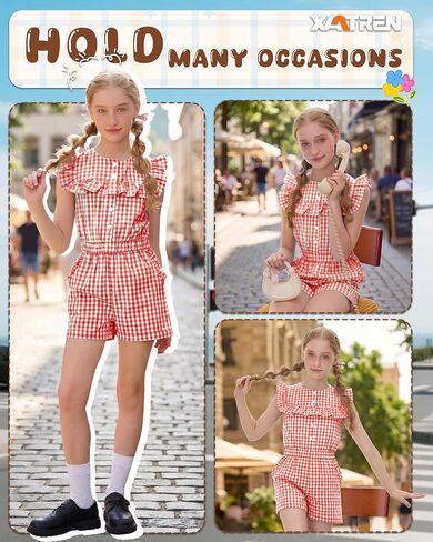 Xaatren Girls Gingham Rompers Summer Ruffle Short Jumpsuits Button Sleeveless Plaid Outfits Playsuits with Pockets 5-14 Years in Kuwait