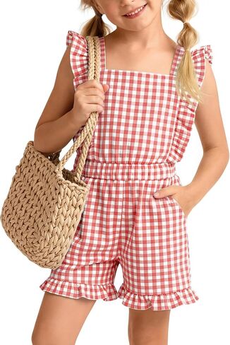 Xaatren Girls Gingham Romper Sleeveless Ruffle Jumpsuit Cute Square Neck Plaid Summer Shorts Outfits Playsuits with Pockets in Saudi Arabia