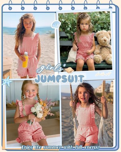 Xaatren Girls Gingham Romper Sleeveless Ruffle Jumpsuit Cute Square Neck Plaid Summer Shorts Outfits Playsuits with Pockets in Saudi Arabia