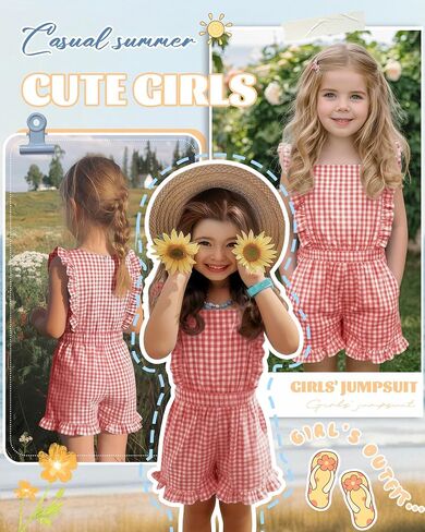 Xaatren Girls Gingham Romper Sleeveless Ruffle Jumpsuit Cute Square Neck Plaid Summer Shorts Outfits Playsuits with Pockets in Saudi Arabia