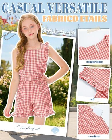 Xaatren Girls Gingham Romper Sleeveless Ruffle Jumpsuit Cute Square Neck Plaid Summer Shorts Outfits Playsuits with Pockets in Saudi Arabia