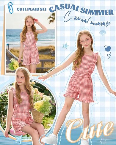 Xaatren Girls Gingham Romper Sleeveless Ruffle Jumpsuit Cute Square Neck Plaid Summer Shorts Outfits Playsuits with Pockets in Saudi Arabia