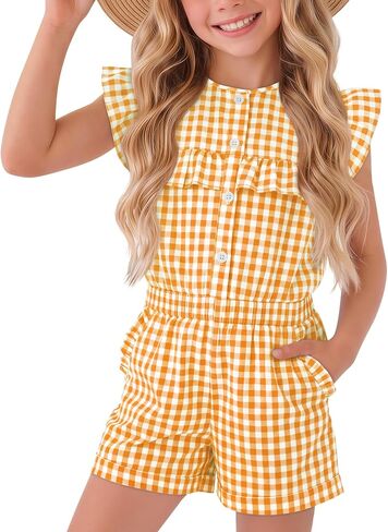 Xaatren Girls Gingham Rompers Summer Ruffle Short Jumpsuits Button Sleeveless Plaid Outfits Playsuits with Pockets 5-14 Years in Kuwait