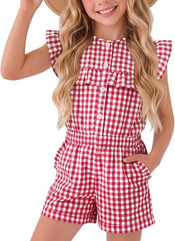 Xaatren Girls Gingham Rompers Summer Ruffle Short Jumpsuits Button Sleeveless Plaid Outfits Playsuits with Pockets 5-14 Years in Kuwait