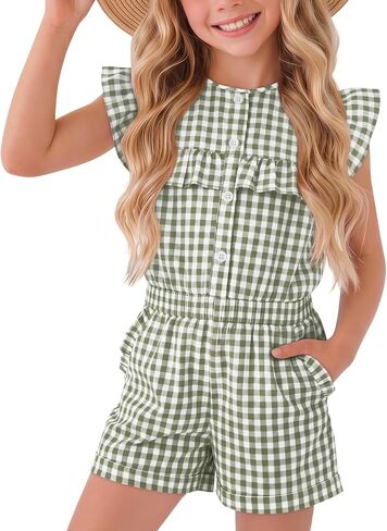 Xaatren Girls Gingham Rompers Summer Ruffle Short Jumpsuits Button Sleeveless Plaid Outfits Playsuits with Pockets 5-14 Years in Kuwait