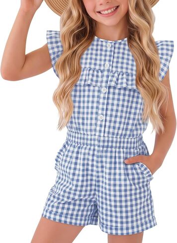 Xaatren Girls Gingham Rompers Summer Ruffle Short Jumpsuits Button Sleeveless Plaid Outfits Playsuits with Pockets 5-14 Years in Kuwait