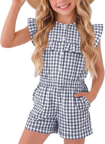 Xaatren Girls Gingham Rompers Summer Ruffle Short Jumpsuits Button Sleeveless Plaid Outfits Playsuits with Pockets 5-14 Years in Kuwait
