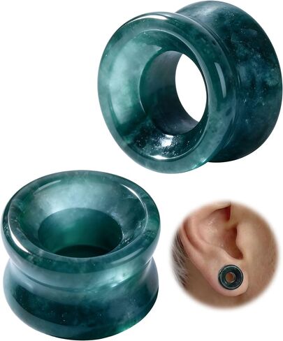 Jewseen 2g-5/8 Moss Agate Ear Gauges Plugs Real Natural Stone Double Flared Ear Tunnels Stretchers Gauges for Women Men Plugs Piercing Jewelry in Kuwait