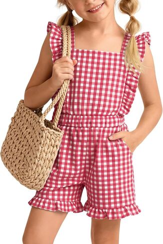 Xaatren Girls Gingham Romper Sleeveless Ruffle Jumpsuit Cute Square Neck Plaid Summer Shorts Outfits Playsuits with Pockets in Kuwait