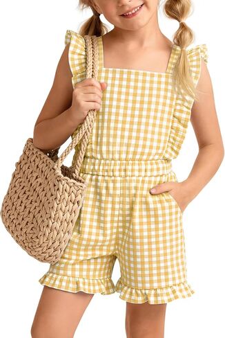 Xaatren Girls Gingham Romper Sleeveless Ruffle Jumpsuit Cute Square Neck Plaid Summer Shorts Outfits Playsuits with Pockets in Saudi Arabia