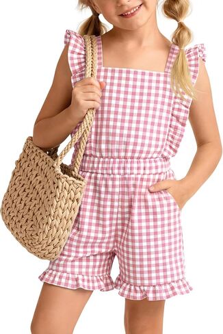 Xaatren Girls Gingham Romper Sleeveless Ruffle Jumpsuit Cute Square Neck Plaid Summer Shorts Outfits Playsuits with Pockets in Saudi Arabia