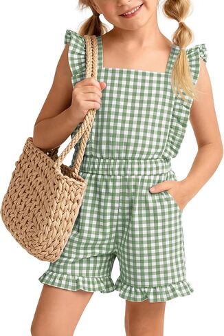 Xaatren Girls Gingham Romper Sleeveless Ruffle Jumpsuit Cute Square Neck Plaid Summer Shorts Outfits Playsuits with Pockets in Saudi Arabia