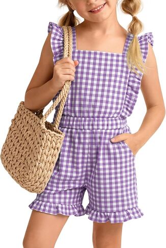 Xaatren Girls Gingham Romper Sleeveless Ruffle Jumpsuit Cute Square Neck Plaid Summer Shorts Outfits Playsuits with Pockets in Saudi Arabia
