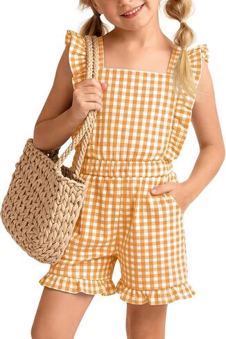 Xaatren Girls Gingham Romper Sleeveless Ruffle Jumpsuit Cute Square Neck Plaid Summer Shorts Outfits Playsuits with Pockets in Saudi Arabia