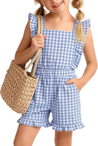 Xaatren Girls Gingham Romper Sleeveless Ruffle Jumpsuit Cute Square Neck Plaid Summer Shorts Outfits Playsuits with Pockets in Saudi Arabia