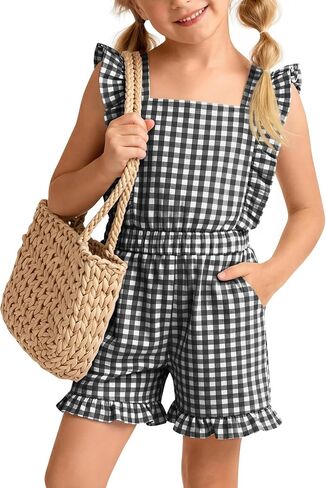 Xaatren Girls Gingham Romper Sleeveless Ruffle Jumpsuit Cute Square Neck Plaid Summer Shorts Outfits Playsuits with Pockets in Saudi Arabia