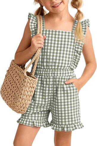 Xaatren Girls Gingham Romper Sleeveless Ruffle Jumpsuit Cute Square Neck Plaid Summer Shorts Outfits Playsuits with Pockets in Saudi Arabia