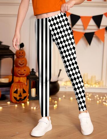 Girls Halloween Stretchy Party Skinny Leggings Funny Circus Clown Tight Pants White & Black Stipes 7-8 Years in Kuwait