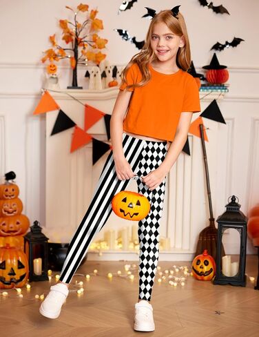 Girls Halloween Stretchy Party Skinny Leggings Funny Circus Clown Tight Pants White & Black Stipes 7-8 Years in Kuwait