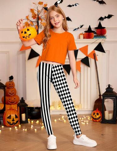 Girls Halloween Stretchy Party Skinny Leggings Funny Circus Clown Tight Pants White & Black Stipes 7-8 Years in Kuwait