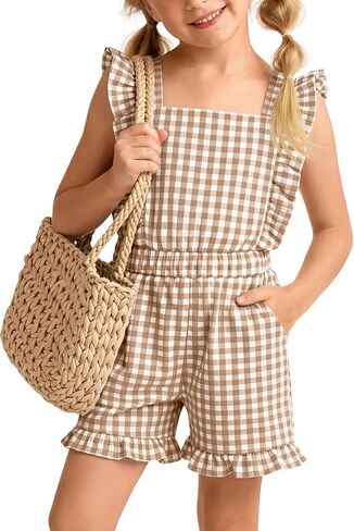 Xaatren Girls Gingham Romper Sleeveless Ruffle Jumpsuit Cute Square Neck Plaid Summer Shorts Outfits Playsuits with Pockets in Saudi Arabia