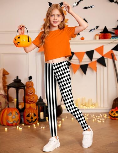 Girls Halloween Stretchy Party Skinny Leggings Funny Circus Clown Tight Pants White & Black Stipes 7-8 Years in Kuwait