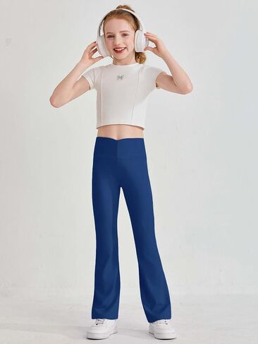 Haloumoning Girls Flare Leggings Kids Ruched High Waist Bell Bottom Yoga Dance Pants 5-14 Years in Kuwait