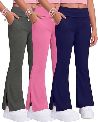 3 Pack Girls Flare Leggings Kids Foldover Waistband Girls Bell Bottoms Split Hem Bootcut Casual Pants with Pockets in Kuwait