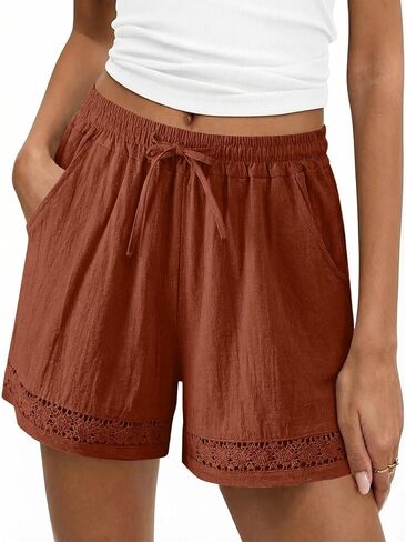 Linen Shorts for Women Lace Trim Shorts Summer Casual Wide Leg Loose High Waisted Drawstring Dressy Short Pants Beach in Kuwait