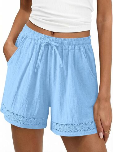 Linen Shorts for Women Lace Trim Shorts Summer Casual Wide Leg Loose High Waisted Drawstring Dressy Short Pants Beach in Kuwait