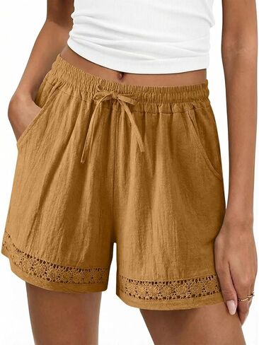 Linen Shorts for Women Lace Trim Shorts Summer Casual Wide Leg Loose High Waisted Drawstring Dressy Short Pants Beach in Kuwait