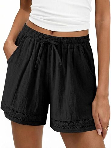 Linen Shorts for Women Lace Trim Shorts Summer Casual Wide Leg Loose High Waisted Drawstring Dressy Short Pants Beach in Kuwait