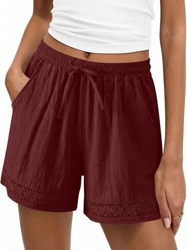 Linen Shorts for Women Lace Trim Shorts Summer Casual Wide Leg Loose High Waisted Drawstring Dressy Short Pants Beach in Kuwait
