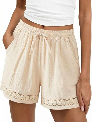 Linen Shorts for Women Lace Trim Shorts Summer Casual Wide Leg Loose High Waisted Drawstring Dressy Short Pants Beach in Kuwait