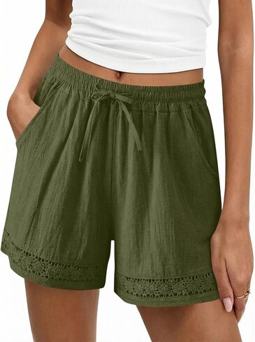 Linen Shorts for Women Lace Trim Shorts Summer Casual Wide Leg Loose High Waisted Drawstring Dressy Short Pants Beach in Kuwait