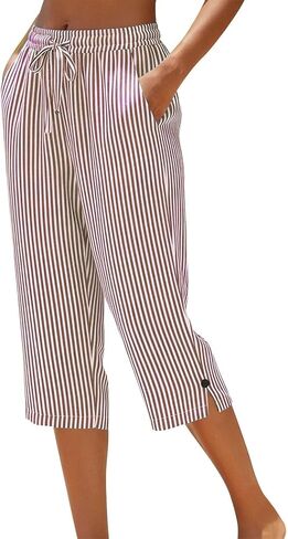Women's Capri Pants Striped Straight Leg Drawstring Elastic High Waist Casual Cropped Pant Loose Fit Summer Outfits in Saudi Arabia