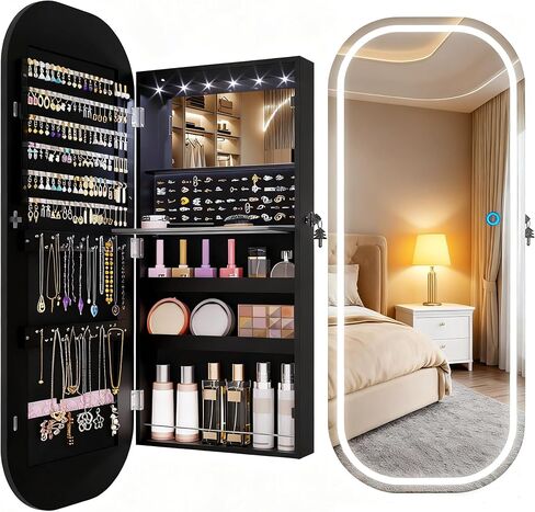 LVSOMT LED Lights Mirror Jewelry Cabinet, Wall Mount/Over the Door Jewelry Armoire Organizer, 42" Full Length Mirror with Storage, Built-in Makeup Mirror, Lockable Mirror Cabinet for Jewelry, White in Saudi Arabia