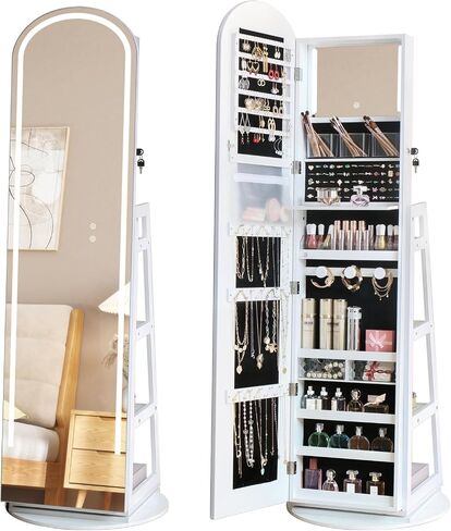 Arched Swivel Jewelry Cosmetics Armoire Cabinet Standing with Full Length Mirror, Lockable Jewelry Organizers Storage with 3 Color LED Lights & Interior Vanity Mirror Rear Storage Shelves White in Saudi Arabia