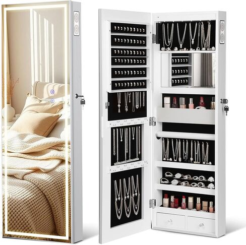 LED Mirror Jewelry Cabinet with Bluetooth Speaker ，Door/Wall Mounted,Equipped with Three Color Light Strips,Full-Length Illuminated Mirror,Jewelry Storage Function in Saudi Arabia
