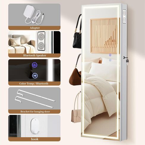 LED Mirror Jewelry Cabinet with Bluetooth Speaker ，Door/Wall Mounted,Equipped with Three Color Light Strips,Full-Length Illuminated Mirror,Jewelry Storage Function in Saudi Arabia