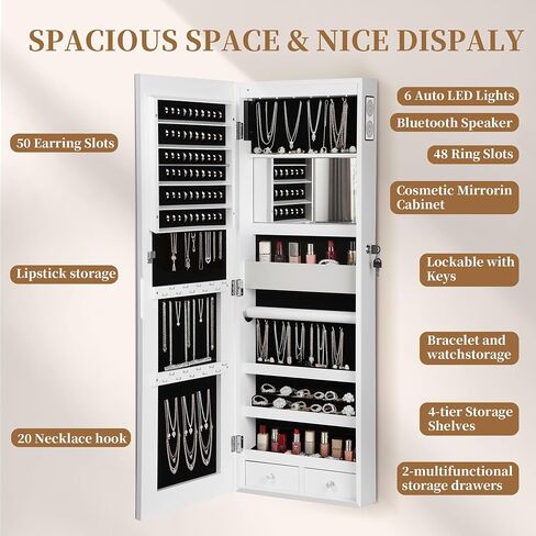 LED Mirror Jewelry Cabinet with Bluetooth Speaker ，Door/Wall Mounted,Equipped with Three Color Light Strips,Full-Length Illuminated Mirror,Jewelry Storage Function in Saudi Arabia
