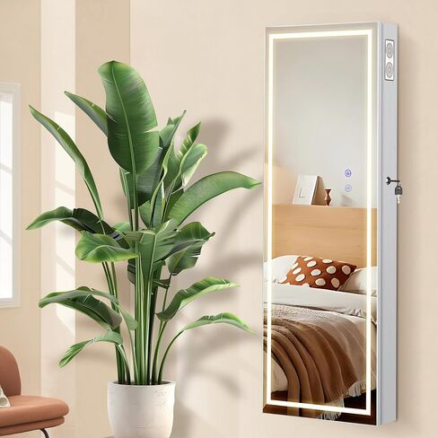 LED Mirror Jewelry Cabinet with Bluetooth Speaker ，Door/Wall Mounted,Equipped with Three Color Light Strips,Full-Length Illuminated Mirror,Jewelry Storage Function in Saudi Arabia
