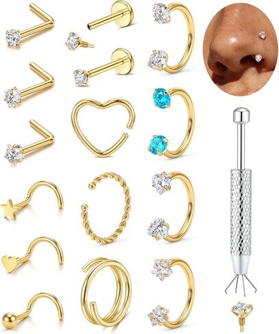 16Pcs 18G Surgical Steel Horseshoe Nose Rings for Women, 14K Gold Plated Silver L Screw Shaped Nose Studs Double Spiral Twist Hoops Nostril Piercing, Cartilage Helix Tragus Labret Lip Jewelry Set in Saudi Arabia
