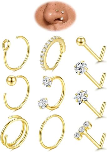 JeryWe Nose Rings for Women - 14K Gold Filled Horseshoe Nose Ring Surgical Steel Nose Hoops Septum Lip Rings 20G L Shaped Nose Stud Hypoallergenic Nostril Piercing Jewelry Set for Women Men in Kuwait